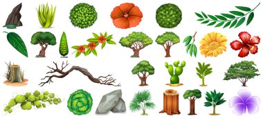 Beyaz arkaplan illüstrasyonunda izole edilmiş bir dizi farklı doğa