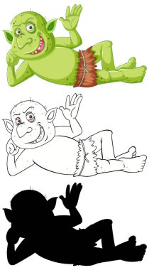 Cin ya da cüce renkli, ana hatlı ve siluetli beyaz arkaplan çiziminde çizgi film karakteri