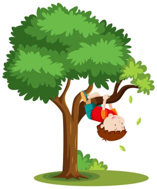 Beyaz arkaplanda izole edilmiş ağaç çizgi film tarzına tırmanan çocuk