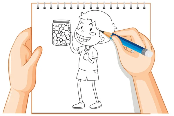 Handschrift Eines Jungen Mit Süßigkeitenglasumriss Illustration — Stockvektor