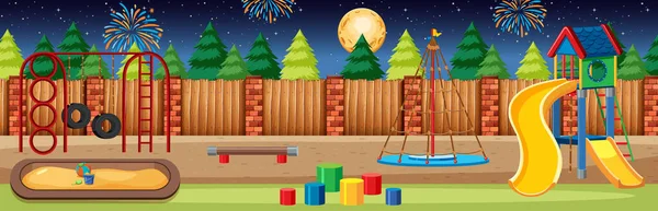 夜の漫画風パノラマシーンのイラストで 大きな月と空の花火で公園の子供たちの遊び場 — ストックベクタ