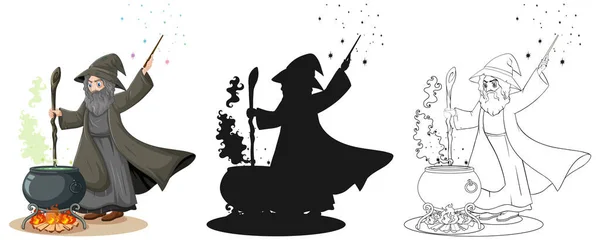 Wizard Kleur Omtrek Silhouet Cartoon Karakter Geïsoleerd Witte Achtergrond Illustratie — Stockvector