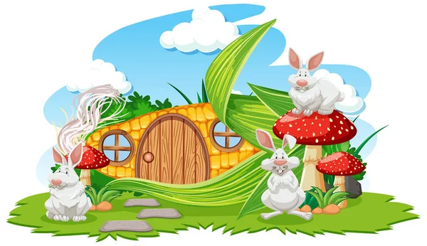 Corn House Three Rabbit Cartoon Style White Background Illustration — Stock Vector