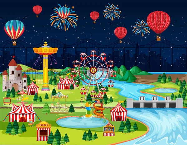 Festival Parc Attractions Nuit Thème Avec Illustration Scène Paysage Ballon — Image vectorielle