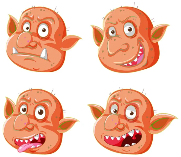 漫画風の独立したイラストで異なる表現でオレンジ色のゴブリンやトロールの顔のセット — ストックベクタ