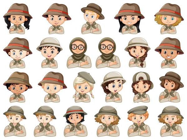 Conjunto Diferentes Personajes Niños Niñas Scout Traje Sobre Fondo Blanco — Vector de stock