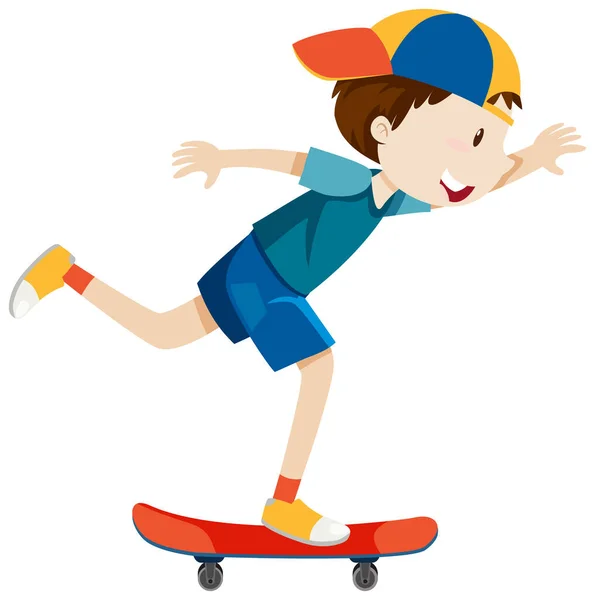 Een Jongen Draagt Pet Spelen Skateboard Cartoon Stijl Geïsoleerde Illustratie — Stockvector