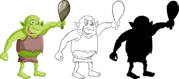 Goblin Trol Houden Jacht Tool Kleur Omtrek Silhouet Cartoon Karakter — Stockvector