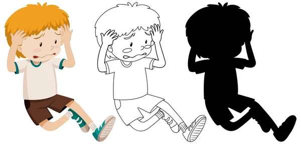 Boy Sedih Kecewa Dengan Garis Besar Dan Ilustrasi Siluet - Stok Vektor