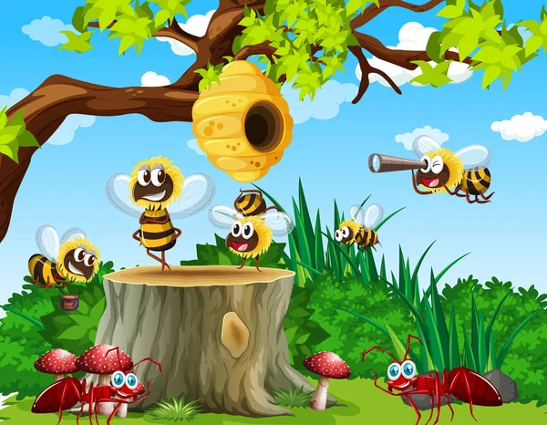 ハニカムイラストで庭のシーンに住んでいる多くの蜂やアリ — ストックベクタ
