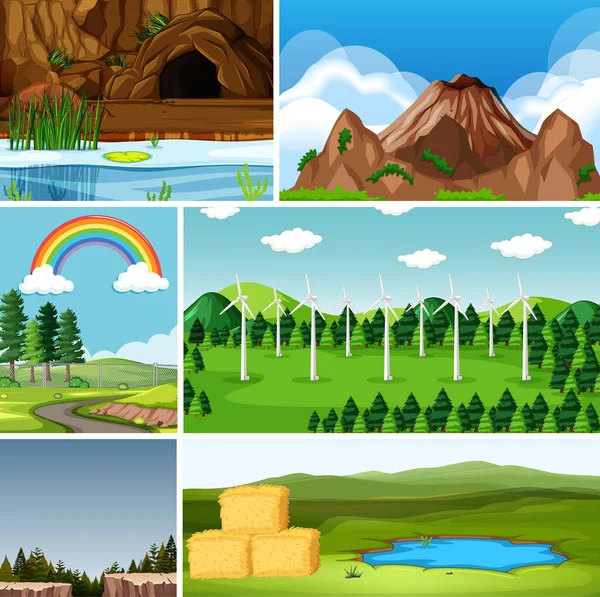 Six Scènes Différentes Dans Cadre Nature Illustration Style Dessin Animé — Image vectorielle