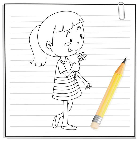 Hand Writing Girl Holding Flower Outline Illustration — Stock Vector
