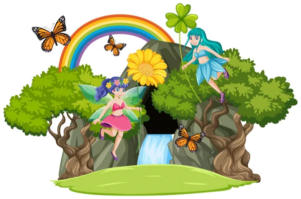 Märchen Mit Wasserfallhöhle Und Regenbogen Isoliert Auf Weißem Hintergrund Illustration — Stockvektor