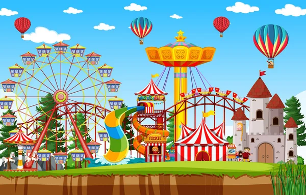 Vergnügungspark Szene Tag Mit Luftballon Himmel Illustration — Stockvektor