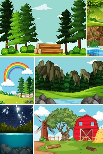 Six Scènes Différentes Dans Cadre Nature Illustration Style Dessin Animé — Image vectorielle