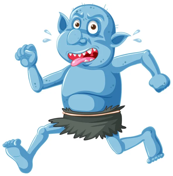 Blue Goblin Troll Running Pose Funny Face Cartoon Character Isolated — Stock Vector