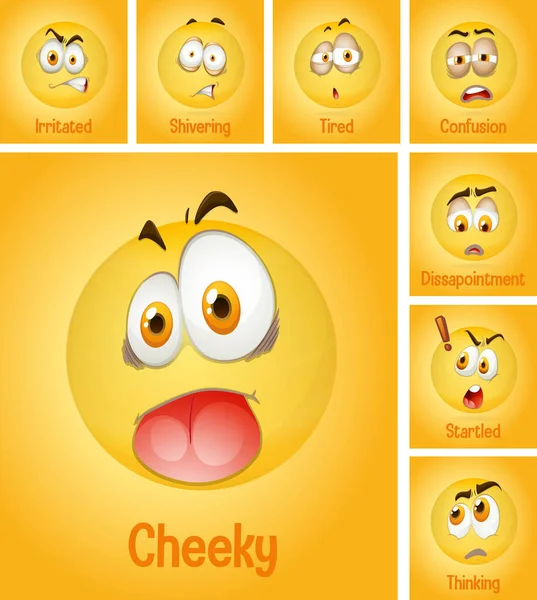 Set Van Verschillende Gezichten Emoji Met Zijn Beschrijving Gele Achtergrond — Stockvector