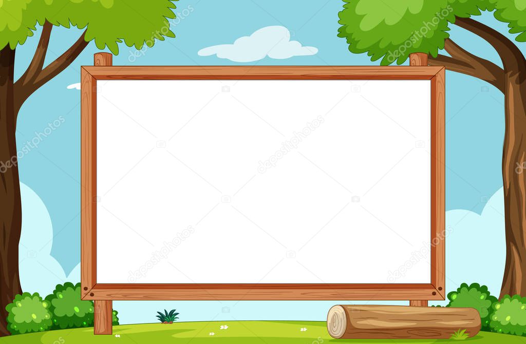 Blank wooden frame in nature park scene illustration