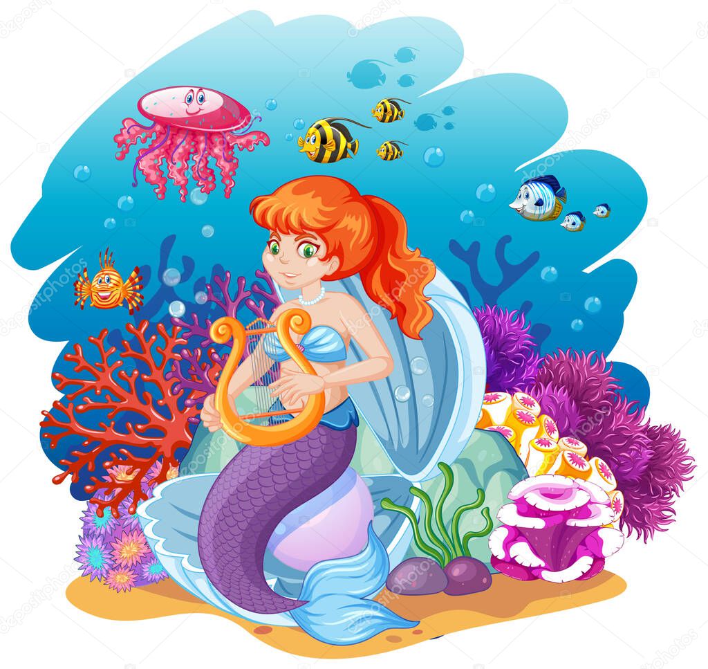 Set of mermaid and sea animals cartoon style on under sea background illustration