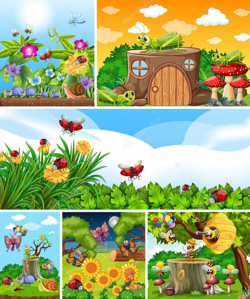 Set of different insects living in the garden background illustration