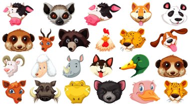 Bir grup farklı çizgi film hayvanı beyaz arkaplan çiziminde büyük bir izole kafaya sahipler.