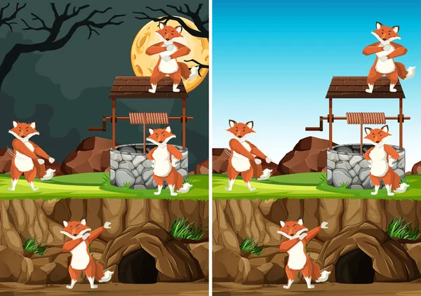 Grupo Raposas Selvagens Muitas Poses Parque Animal Estilo Cartoon Isolado — Vetor de Stock