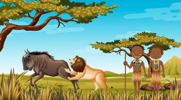Personas Étnicas Tribus Africanas Ropa Tradicional Naturaleza Fondo Ilustración — Vector de stock