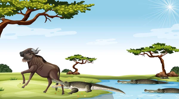 Wildebeest Comido Por Cocodrilo Savanna Ilustración Fondo — Vector de stock