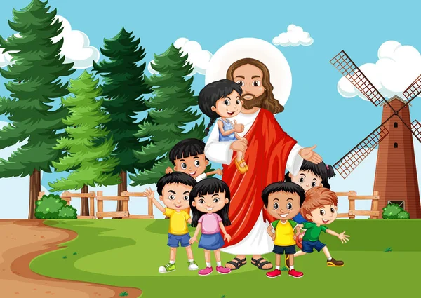 Jesus Children Park Illustration — Stock Vector