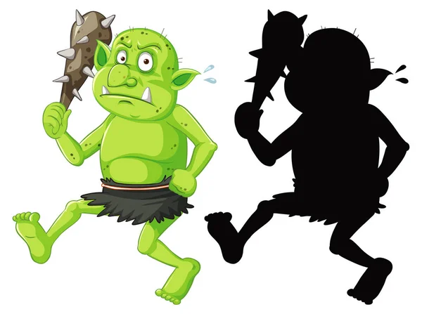 Goblin Oder Troll Halten Jagdwerkzeug Farbe Und Silhouette Cartoon Figur — Stockvektor