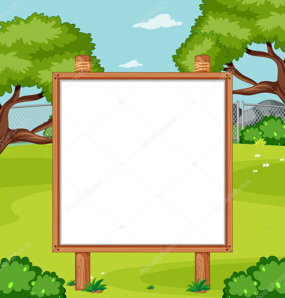 Blank wooden frame in nature park scene illustration