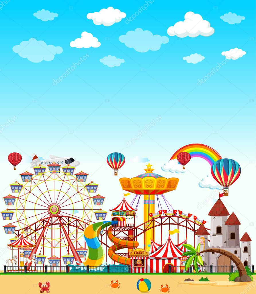 Amusement park scene at daytime with blank bright blue sky illustration