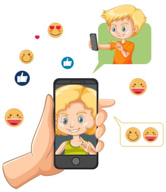 Sosyal medya emoji simgesiyle el ele tutuşan akıllı telefon beyaz arkaplan resimlerinde izole edildi