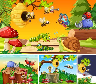 Bahçe arka planında yaşayan bir grup farklı böcek.