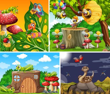 Bahçe arka planında yaşayan bir grup farklı böcek.