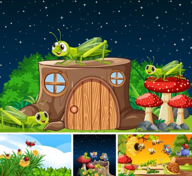 Bahçe arka planında yaşayan bir grup farklı böcek.