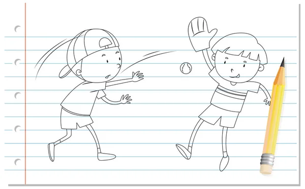 Escritura Mano Dos Niños Jugando Béisbol Esquema Ilustración — Vector de stock