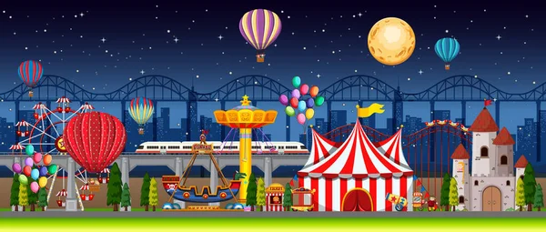 Amusement Park Scene Nachts Met Ballonnen Maan Lucht Illustratie — Stockvector