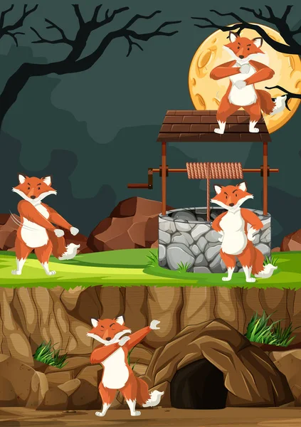 Grupo Zorros Salvajes Muchas Poses Estilo Dibujos Animados Parque Animales — Vector de stock