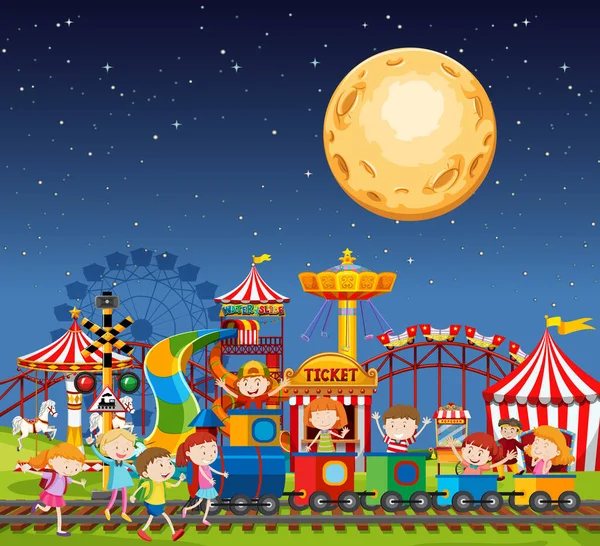 Amusement Park Scene Nachts Met Grote Maan Lucht Illustratie — Stockvector