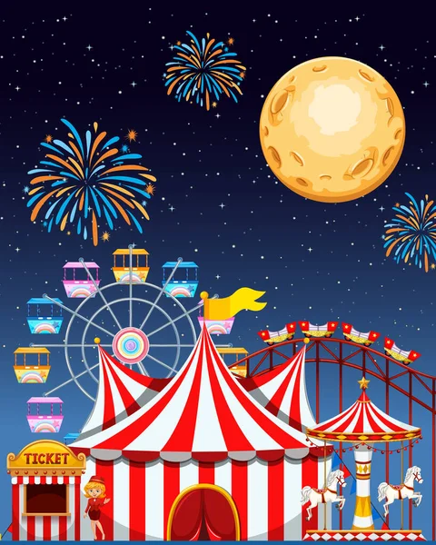 Cena Parque Diversões Noite Com Fogos Artifício Lua Céu Ilustração — Vetor de Stock