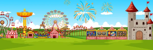 Theme Amusement Park Landscape Scene Panorama View Cartoon Style Illustration — Stock Vector