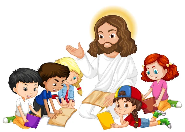 Jesus Preaching Children Group Cartoon Character Illustration — Stock Vector