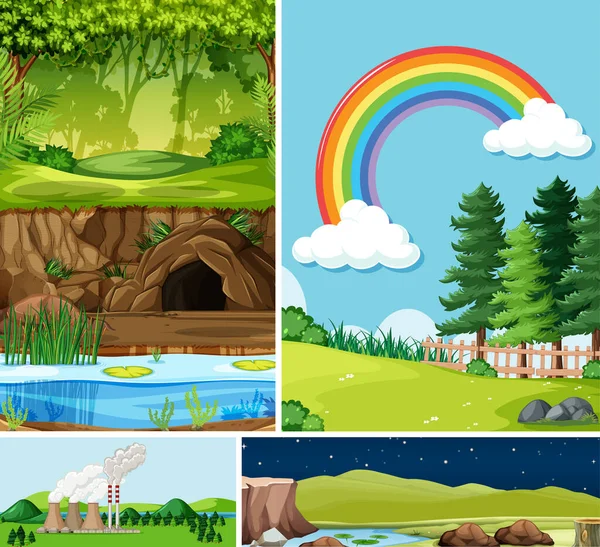 Quatre Scènes Différentes Dans Cadre Nature Illustration Style Dessin Animé — Image vectorielle