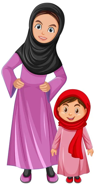 阿拉伯家庭的母亲和女儿穿着阿拉伯服装的人物形象插图 — 图库矢量图片