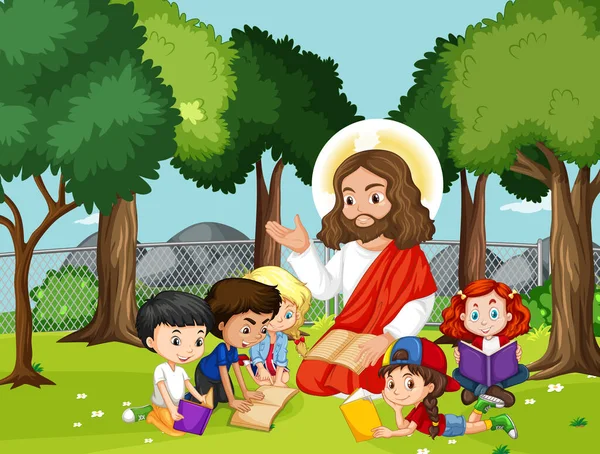Jesus Children Park Illustration — Stock Vector