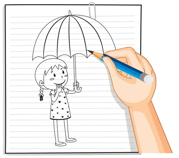 Hand Writing Girl Holding Umbrella Outline Illustration — Stock Vector