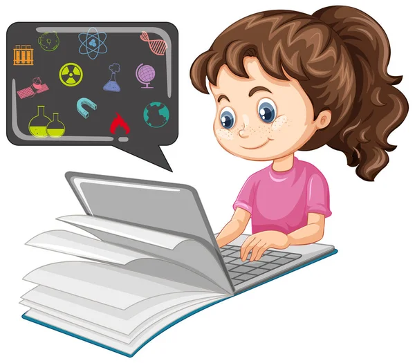 在笔记本电脑上搜寻女孩 与教育图标卡通风格隔离在白色背景图解中 — 图库矢量图片