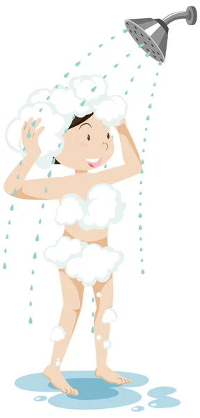 Chica Tomando Ducha Con Espuma Burbuja Cabeza Ducha Ilustración Aislada — Vector de stock