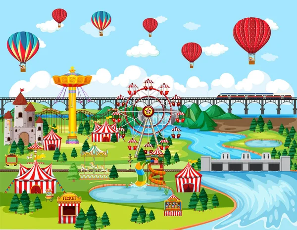 Festival Parc Attractions Thème Avec Illustration Scène Paysage Ballon — Image vectorielle